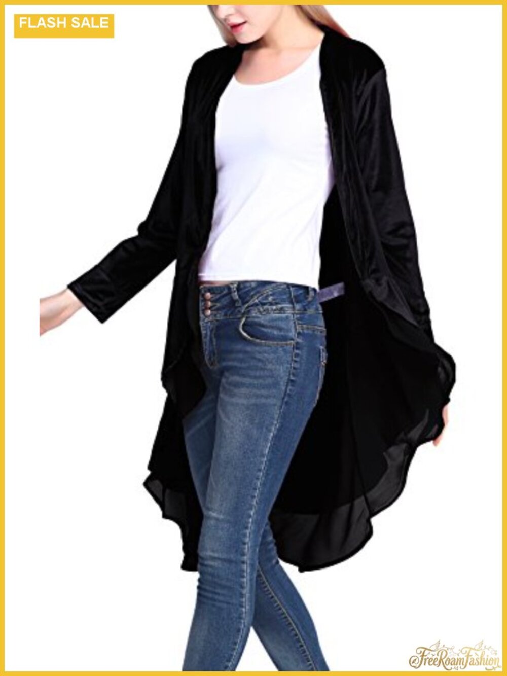 Velvet Open Front Draped Cardigan Coat Asymmetric Chiffon Hem Long Sleeve